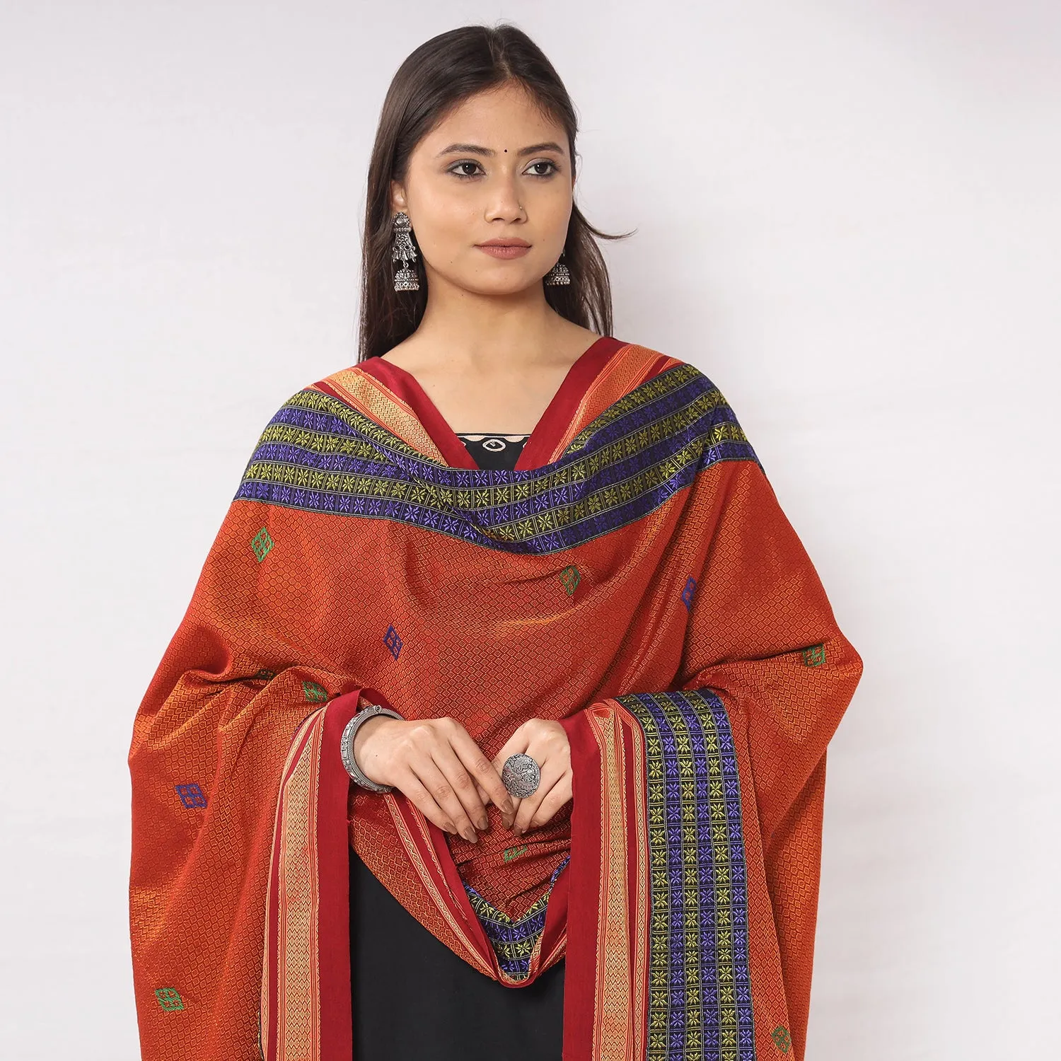 Orange - Negi Kasuti Hand Embroidery Khun Cotton Dupatta