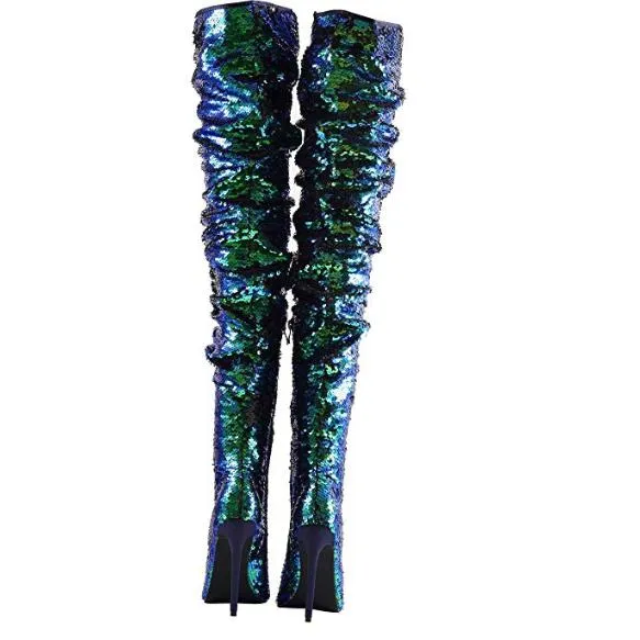 Women's Blue Sequin Open Toe Thigh High Boots