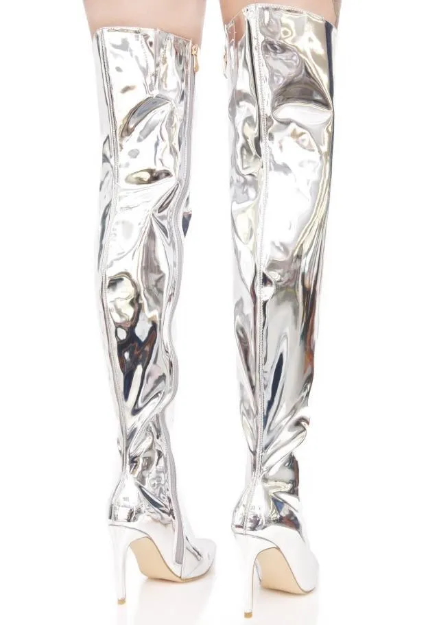 Women's sexy metal mirror thigh high stiletto boots pointed toe party nightclub boots