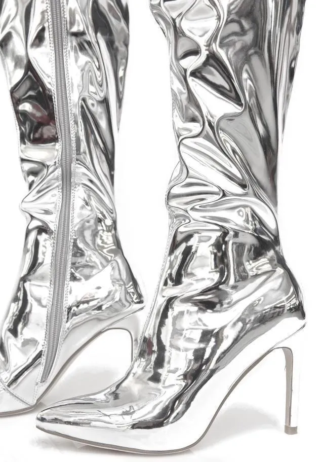 Women's sexy metal mirror thigh high stiletto boots pointed toe party nightclub boots