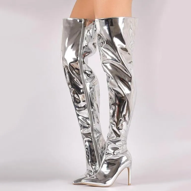 Women's sexy metal mirror thigh high stiletto boots pointed toe party nightclub boots